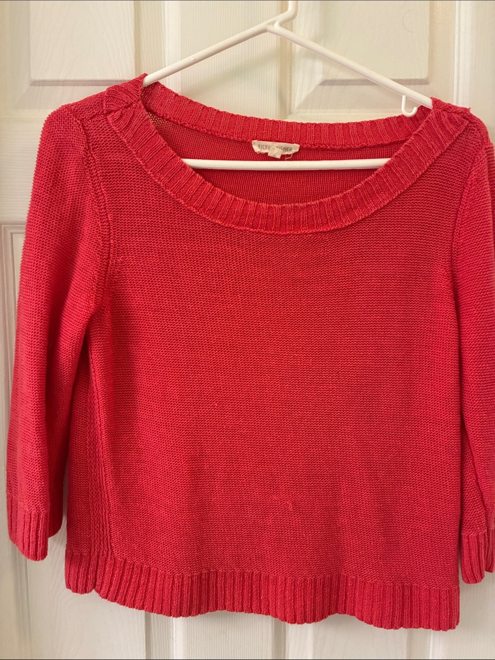 Eileen Fisher Bright Coral Scoop-Neck Knit Pullover 💯 Linen Small
